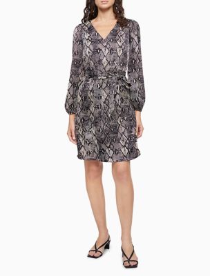 Image of Printed V-Neck Belted Long Sleeve Dress