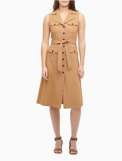 Notch Lapel On Down Belted, Calvin Klein Sleeveless Trench Coat Dress