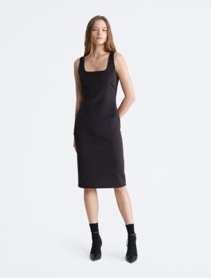 BRAND NEW CALVIN KLEIN SHEATH DRESS FAUX LEATHER  Calvin klein dress,  Flattering black dress, Silk print dress