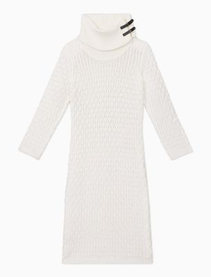 white cowl neck sweater dress