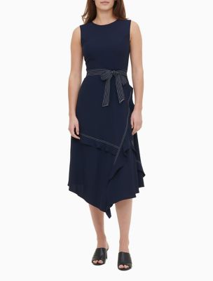 belted asymmetric hem maxi dress and cardigan