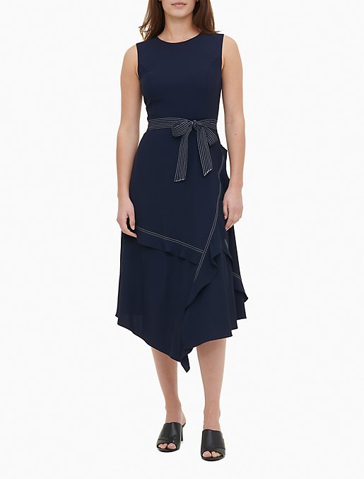 Contrast Stitch Belted Asymmetric Dress Calvin Klein
