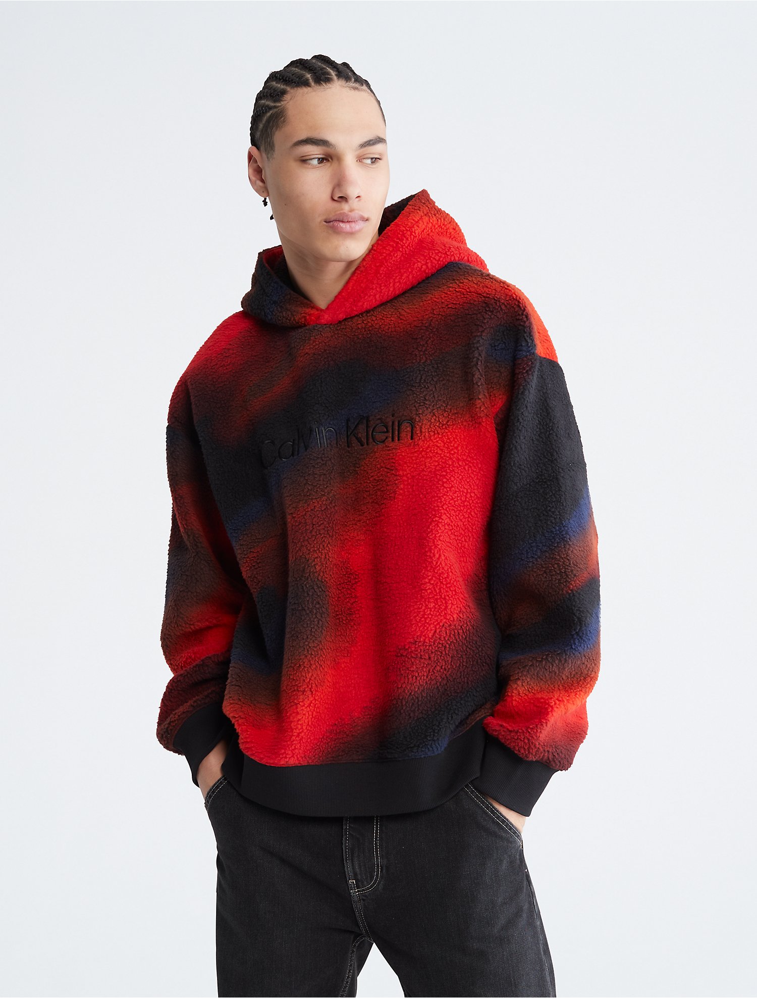 Uplift Relaxed Fit Sherpa Printed Logo Hoodie | Calvin Klein