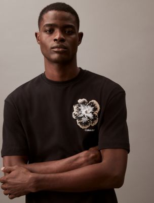Embroidered Night Flower Classic Crewneck T-Shirt, Black