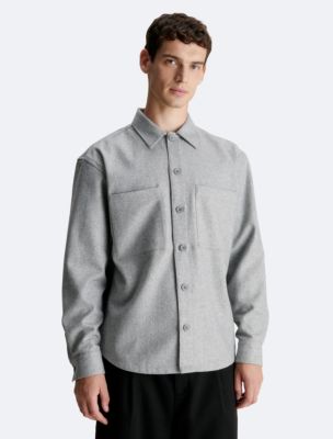 Wool Blend Relaxed Button-Down Shirt, Light Grey Heather