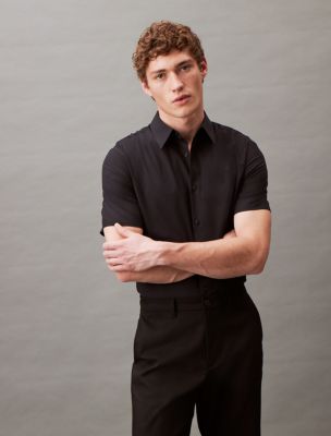 Calvin Klein Men's Stretch Cotton Slim Fit Monogram Logo Short Sleeve Shirt - Black - S