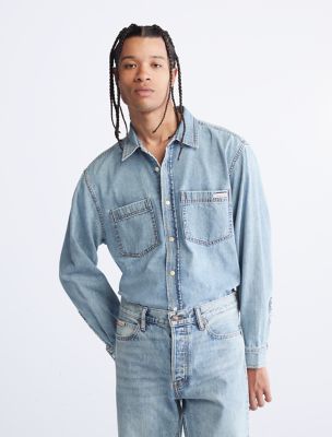 Long Sleeves Washed Denim Button Down Casual Shirt seen in Si