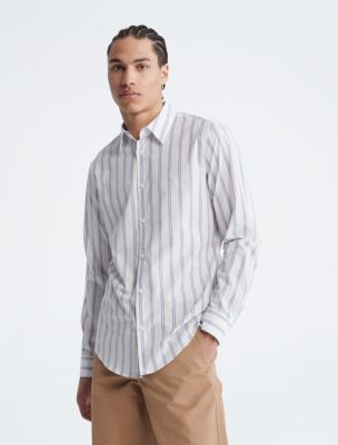 Calvin Klein Men's Stretch Cotton Monogram Logo Stripe Button Down Shirt,  Brilliant White at  Men's Clothing store