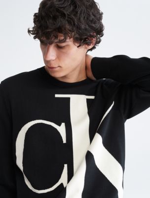 Calvin Klein Men's Smooth Cotton Oversized Monogram Logo Sweater - Black - M