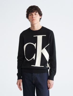 Calvin Klein Men's Smooth Cotton Oversized Monogram Logo Sweater - Black - M