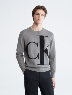 Chandail surdimensionné en coton lisse avec monogramme et logo, gris chiné moyen