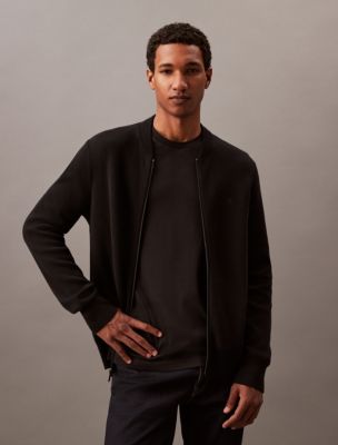 Smooth Cotton Sweater Bomber Jacket, Black