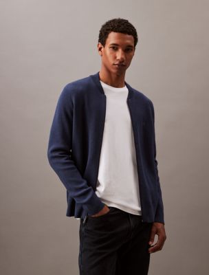 Smooth Cotton Sweater Bomber Jacket, Blueprint Heather