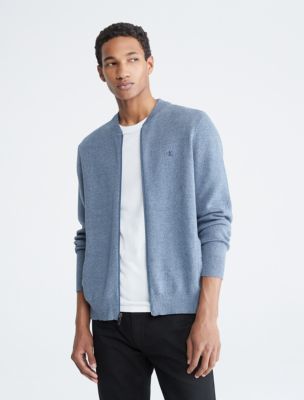 Smooth Cotton Sweater Bomber Jacket, Crayon Blue Marl