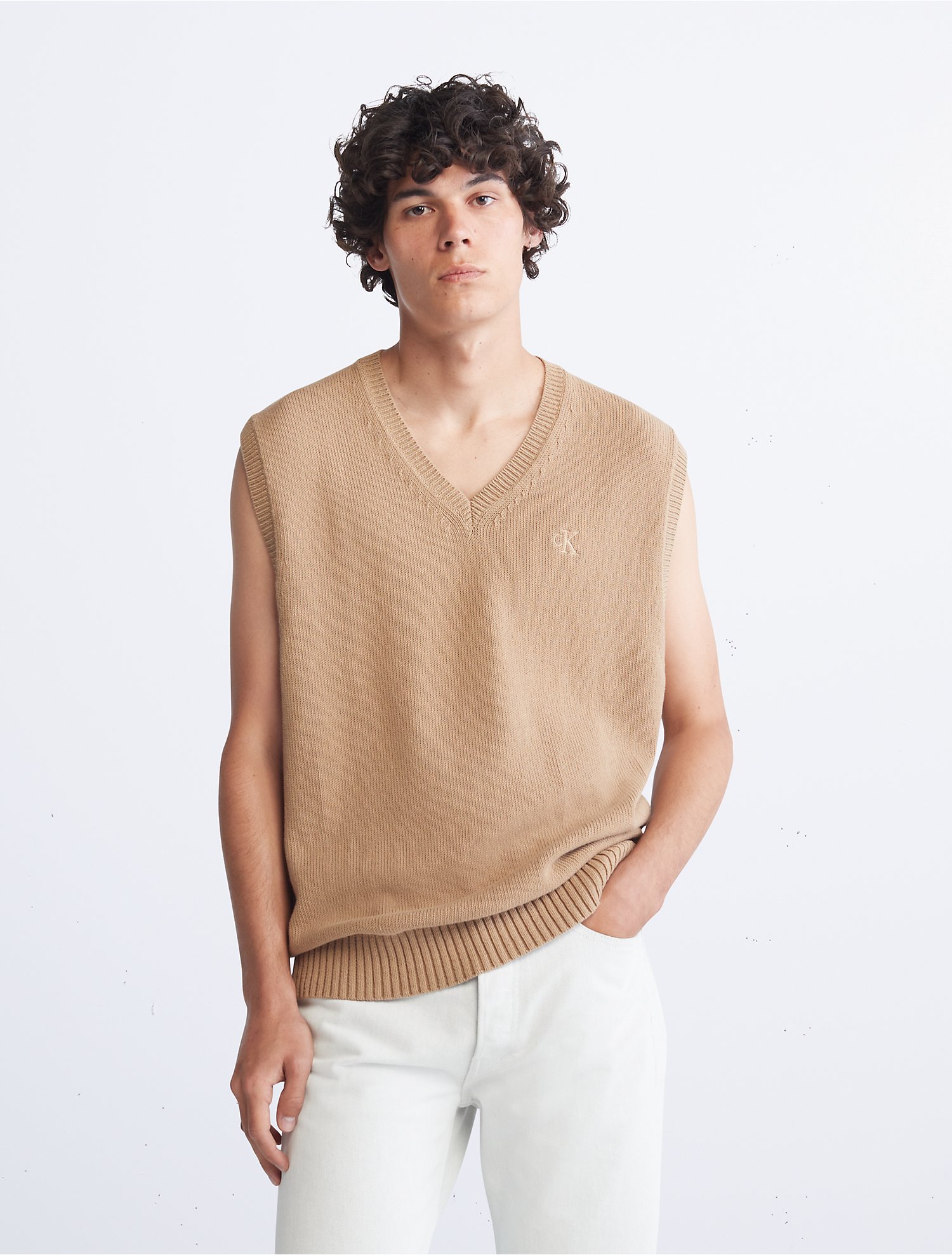 Khakis Solid Monogram Logo Sweater Vest | Calvin Klein® Canada