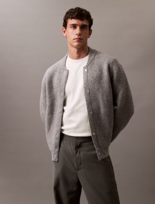 Express Mens store Twill Knit Zip Bomber Jacket in Light Heather Gray. Take your oute