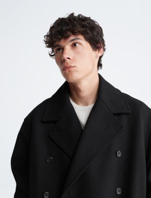Wool Double-Breasted Peacoat with Ribbed Bib