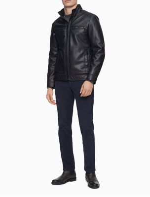 calvin klein men's faux shearling lined leather moto jacket