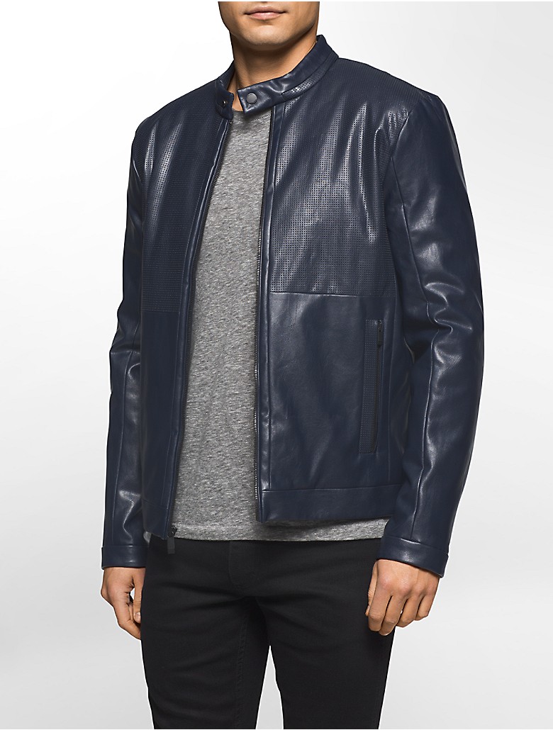 calvin klein mens faux leather perforated jacket