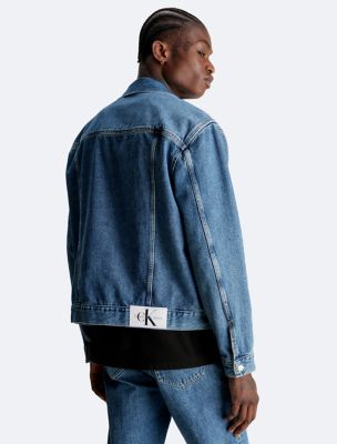 Calvin Klein Men's Dark Blue Monogram Logo Oversized Denim Jacket, Size Medium