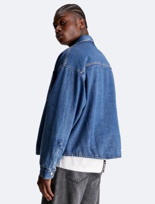 Calvin Klein Men's Dark Blue Monogram Logo Oversized Denim Jacket, Size Medium