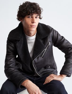 Calvin klein men's faux shearling lined leather moto jacket online