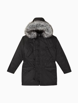 calvin klein black down jacket with faux fur trim