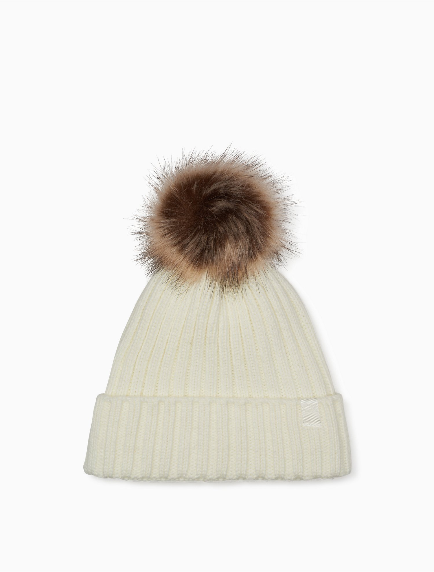 Knit Beanie Hat with Fur Pom in Off-white Color 