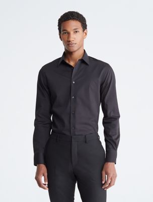 Cotton Herringbone Slim Fit Dress Shirt, Black