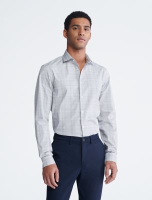 Steel Slim Fit Grey Plaid Dress Shirt, Grey
