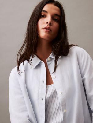 Linen Blend Classic Button-Down Shirt, Arctic Ice