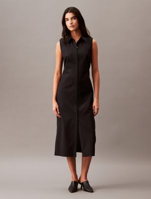 Stretch Poplin Cutout Shirt Dress, Black Beauty