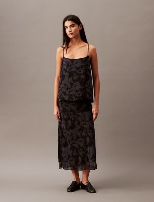 Chiffon Botanic Print Tank Top, Black Beauty
