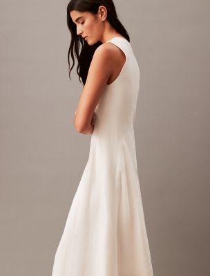 chinese dress ladies CALVIN KLEIN Womens White Linen Blend Button Front Midi Shirt Dress Size 4