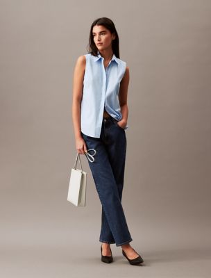 Stretch Poplin Sleeveless Top, Blue Bell
