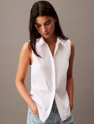 Stretch Poplin Sleeveless Top, Brilliant White