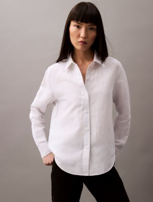 Linen Blend Stripe Classic Button-Down Shirt, Smoke