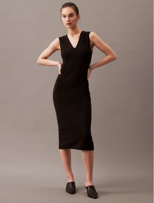 Stretch Crepe Sleeveless Midi Dress, Black Beauty