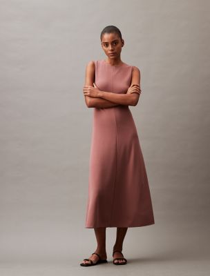 knee length dresses for ladies Brown Midi Dress Shoestring Strap Fitted Stretch Crepe