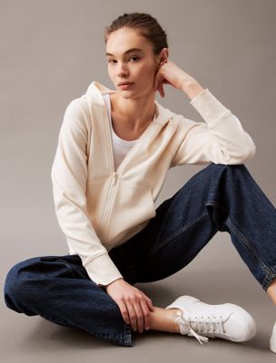French Terry Zip Hoodie, Antique White