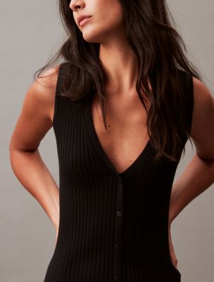 Smooth Cotton Rib V-Neck Sweater Midi Dress | Calvin Klein