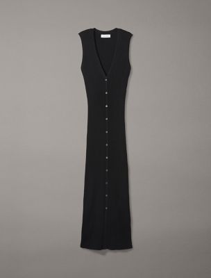Smooth Cotton Rib V-Neck Sweater Midi Dress | Calvin Klein