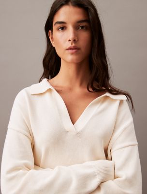 Smooth Cotton Polo Sweater, Antique White
