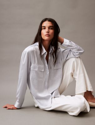 Crushed Satin Button-Down Shirt, Arctic Ice