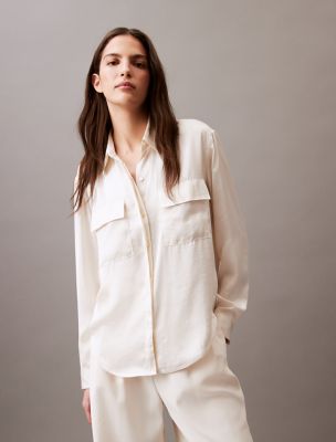 Crushed Satin Button-Down Shirt, Antique White