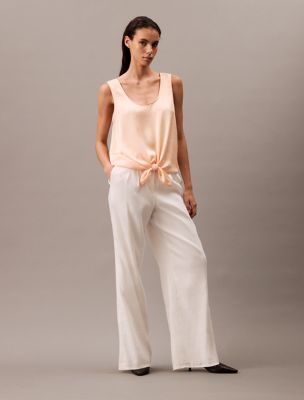 Crushed Satin Tie Front Tank Top, Cream Puff