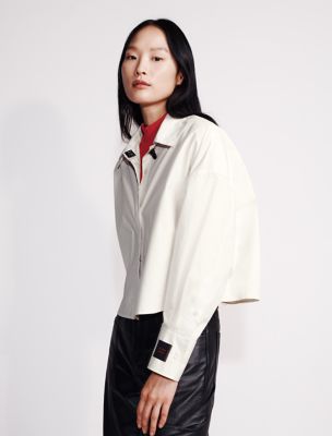 Poplin Woven Cropped Button-Down Shirt, Chalk