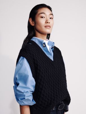Merino Wool Cable Knit Relaxed Vest, Black