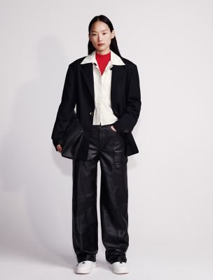 Leather Wide Leg Cargo Pants, Black
