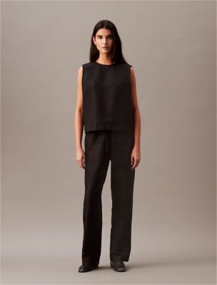 Casual Linen Blend Pull-On Pants, Black Beauty